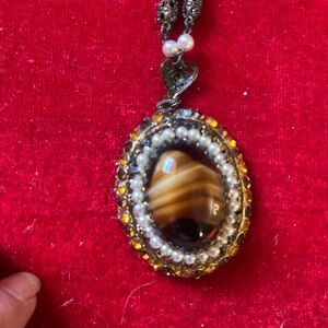 Vintage-Inspired Brown Agate Pendant Necklace with Pearl Halo